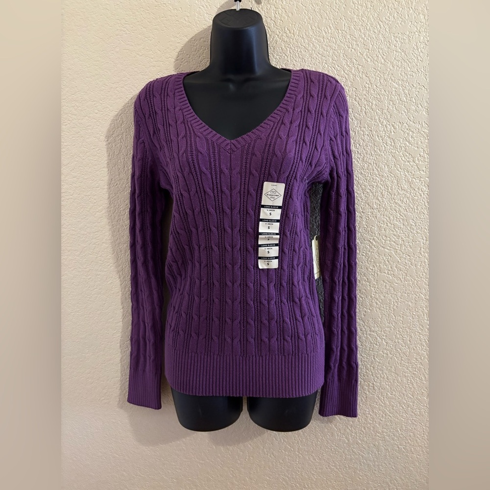 st john's bay Purple Cable Knit V-Neck Sweater NWT